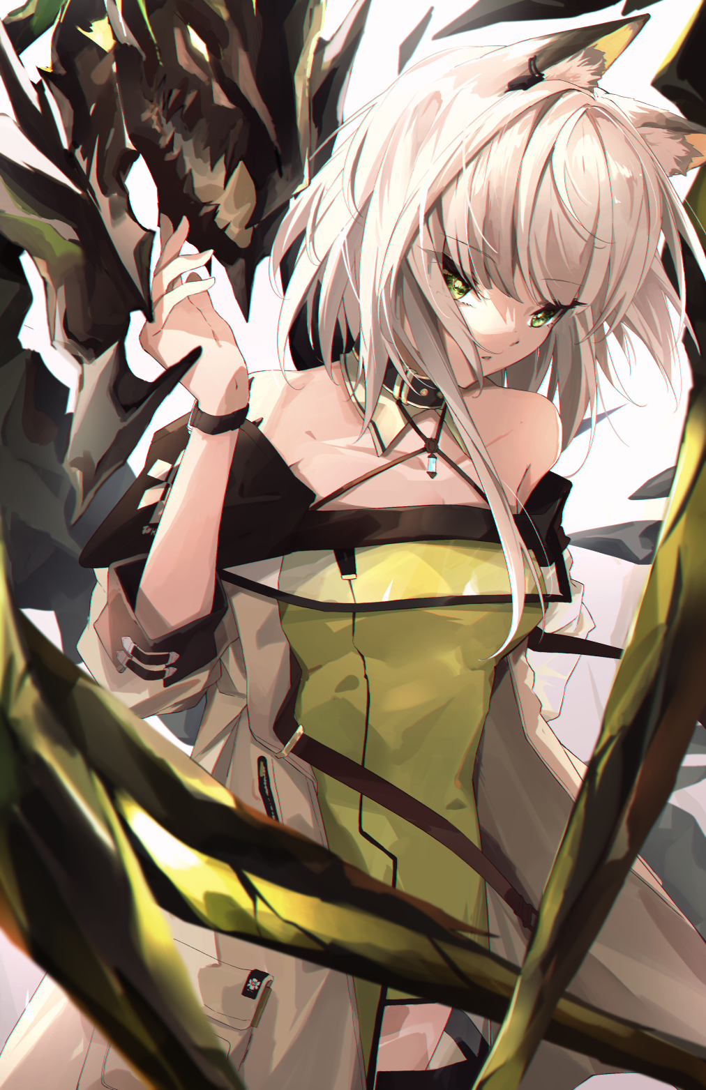 1girl animal_ear_fluff animal_ears ankoro_mochi arknights black_collar cat_ears coat collar detached_collar dress green_dress green_eyes hair_between_eyes hand_up highres kal'tsit_(arknights) looking_at_viewer mon3tr_(arknights) off-shoulder_dress off_shoulder open_clothes open_coat simple_background solo upper_body white_background white_coat white_hair white_sleeves