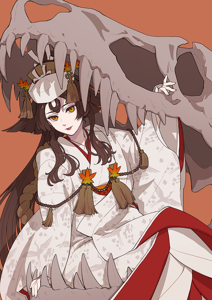 1girl bangs brown_hair dinosaur fangs fate/grand_order fate/requiem fate_(series) floral_print isshoku_(shiki) japanese_clothes kijo_kouyou_(fate) kimono leaf long_hair long_sleeves looking_at_viewer orange_background parted_bangs red_eyes red_lips sidelocks simple_background sitting skeleton tassel very_long_hair white_headwear white_kimono wide_sleeves