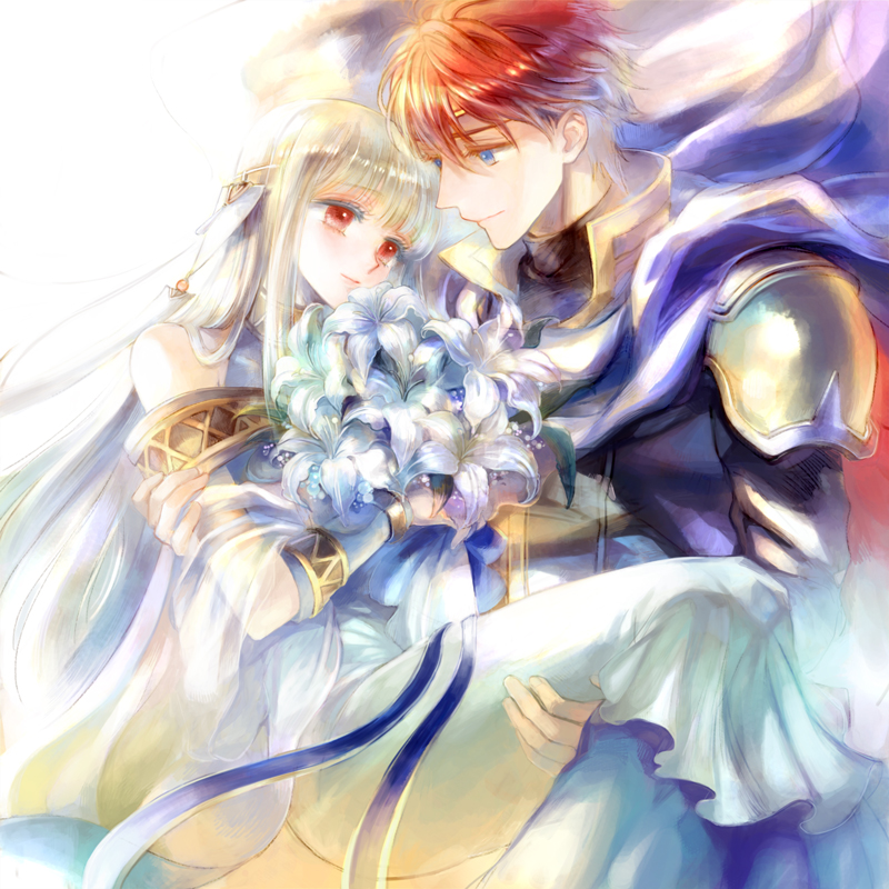 1boy 1girl armor bangs blue_eyes blunt_bangs bouquet carrying circlet closed_mouth dress eliwood_(fire_emblem) eye_contact eyebrows_visible_through_hair fire_emblem fire_emblem:_the_blazing_blade flower holding holding_bouquet kuzumosu layered_dress long_dress long_hair looking_at_another ninian_(fire_emblem) princess_carry red_eyes redhead sash shiny shiny_hair short_hair shoulder_armor silver_hair sleeveless sleeveless_dress smile very_long_hair white_dress white_flower