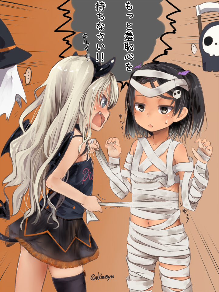2girls akino_shuu arm_wrap bandaged_arm bandaged_hand bandaged_head bandaged_leg bandages black_hair black_legwear blush commentary_request dress grecale_(kancolle) hair_ornament halloween halloween_costume happy_halloween hat jack-o'-lantern kantai_collection long_hair multiple_girls mummy mummy_costume naked_bandage official_alternate_costume one-piece_tan open_mouth pumpkin sarashi scirocco_(kancolle) short_hair skirt skull sleeveless tan tanlines thigh-highs translation_request twitter_username witch_hat