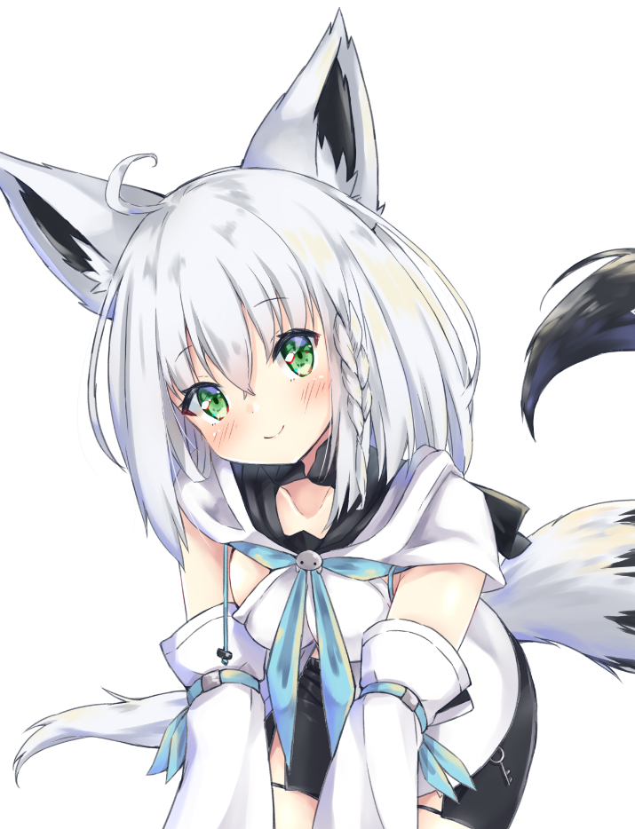 1girl ahoge animal_ears bangs black_shorts blue_neckwear braid detached_sleeves ear_piercing earrings fox_ears fox_girl fox_tail front_slit green_eyes hair_between_eyes hair_ornament hairclip hololive jewelry long_hair looking_at_viewer neckerchief onomiya piercing shirakami_fubuki short_shorts shorts side_braid sidelocks single_earring smile solo strapless tail twintails virtual_youtuber white_hair white_sleeves wide_sleeves