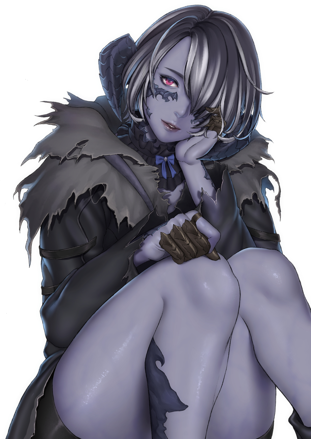 1girl au_ra avatar_(ffxiv) bare_legs black_hair black_horns bow bowtie coat collar colored_skin detached_collar dragon_horns final_fantasy final_fantasy_xiv frilled_collar frills grey_hair hand_on_own_cheek hand_on_own_face hand_rest hand_up head_tilt highres horns knees_up light_smile lips long_sleeves looking_at_viewer medium_hair multicolored_hair parted_lips purple_skin red_eyes scales shiny shiny_skin shorts simple_background sitting solo udongo99 white_background