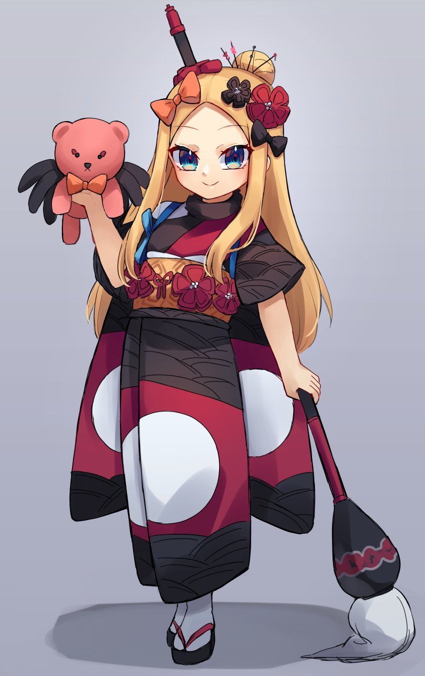 1girl abigail_williams_(fate) bangs blonde_hair blue_eyes blush breasts cosplay fate/grand_order fate_(series) forehead full_body giant_brush hair_ornament hairpin highres holding holding_paintbrush japanese_clothes katsushika_hokusai_(fate) katsushika_hokusai_(fate)_(cosplay) kimono long_hair long_sleeves looking_at_viewer miya_(miyaruta) paintbrush parted_bangs purple_kimono red_kimono sash small_breasts smile stuffed_animal stuffed_toy teddy_bear wide_sleeves