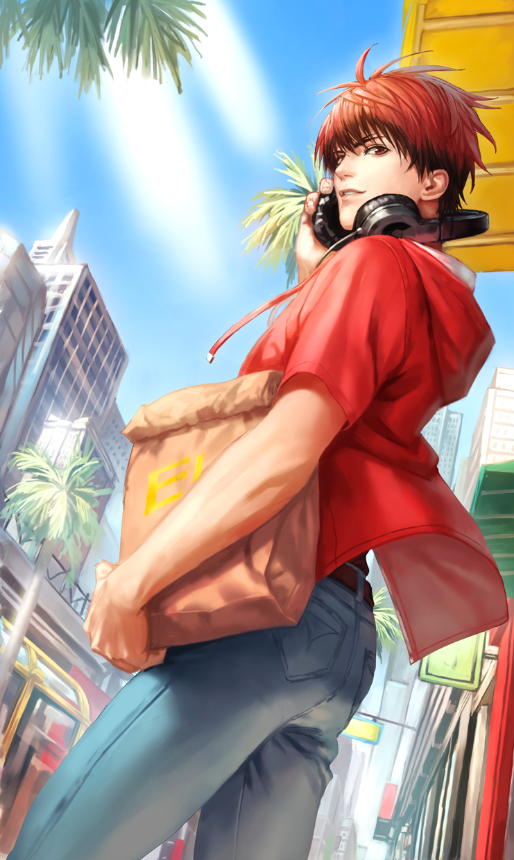 1boy bag belt building city commentary_request day denim headphones headphones_around_neck highres holding holding_bag hood hood_down hoodie jacket jeans kagami_taiga kuroko_no_basuke looking_at_viewer male_focus outdoors palm_tree pants paper_bag red_eyes red_hoodie red_jacket redhead short_hair short_sleeves smile solo suiact tree