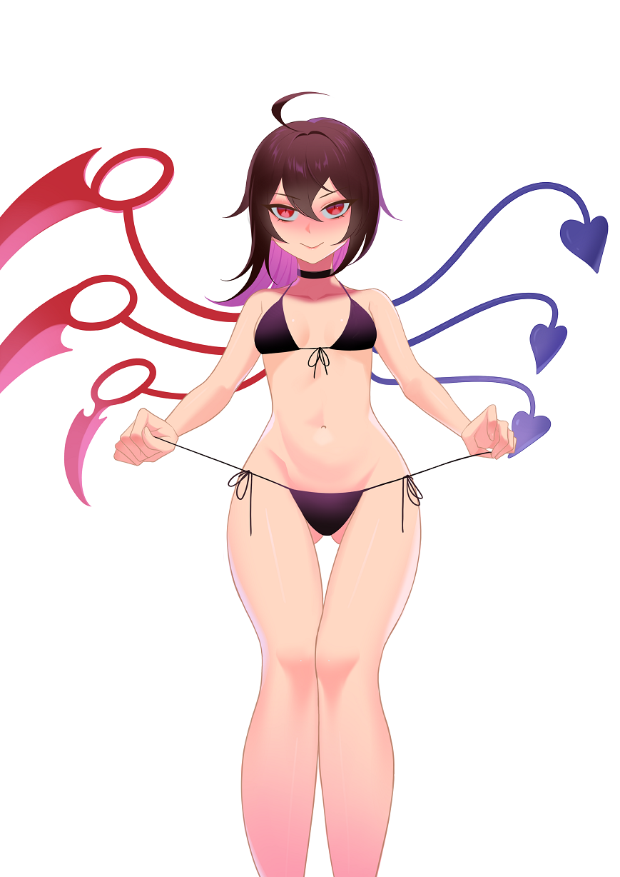1girl ahoge alternate_costume asymmetrical_wings bangs bikini black_bikini black_hair blue_wings blush breasts closed_mouth colored_inner_hair commentary commission english_commentary feet_out_of_frame front-tie_bikini front-tie_top hair_between_eyes highres houjuu_nue knees_together_feet_apart long_hair looking_at_viewer multicolored_hair navel purple_hair recare red_eyes red_wings second-party_source side-tie_bikini simple_background small_breasts smile solo string_pull swimsuit touhou white_background wings