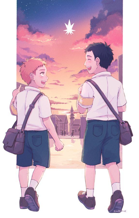 2boys armband back bag bertolt_hoover black_hair black_shorts blonde_hair closed_eyes clouds day looking_at_another male_focus midooka_(o_k_k) multiple_boys open_mouth outdoors pointing reiner_braun shingeki_no_kyojin shirt shoes short_hair shorts shoulder_bag sky smile socks star_(sky) star_(symbol) starry_sky sunset white_shirt