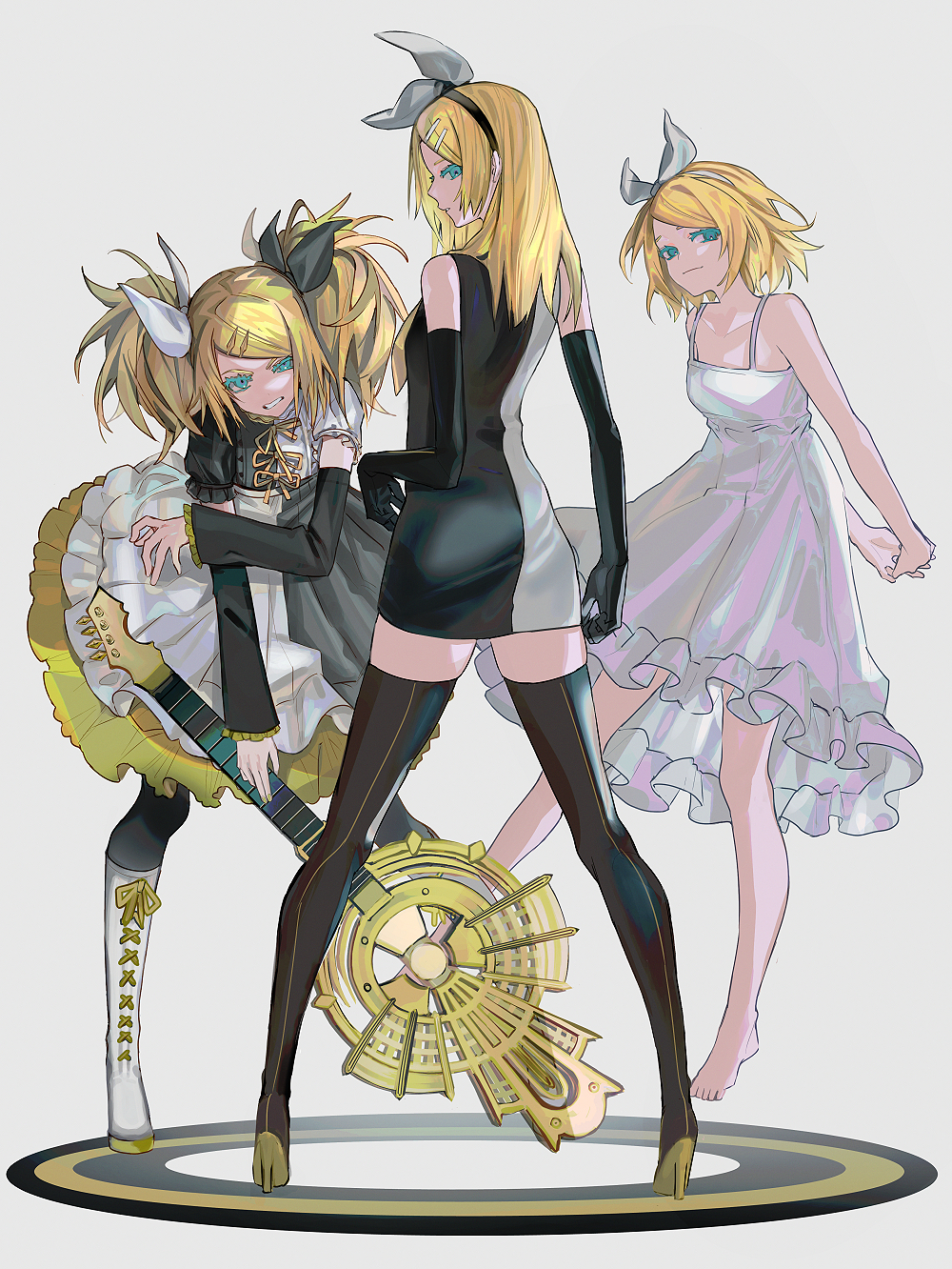 1girl aqua_eyes arms_behind_back bangs bare_shoulders barefoot black_gloves black_legwear blonde_hair boots daenarys detached_sleeves dress elbow_gloves gloves grin hair_ornament hairband hairclip highres kagamine_rin long_hair looking_at_viewer short_hair sleeveless sleeveless_dress smile thigh-highs twintails vocaloid white_dress