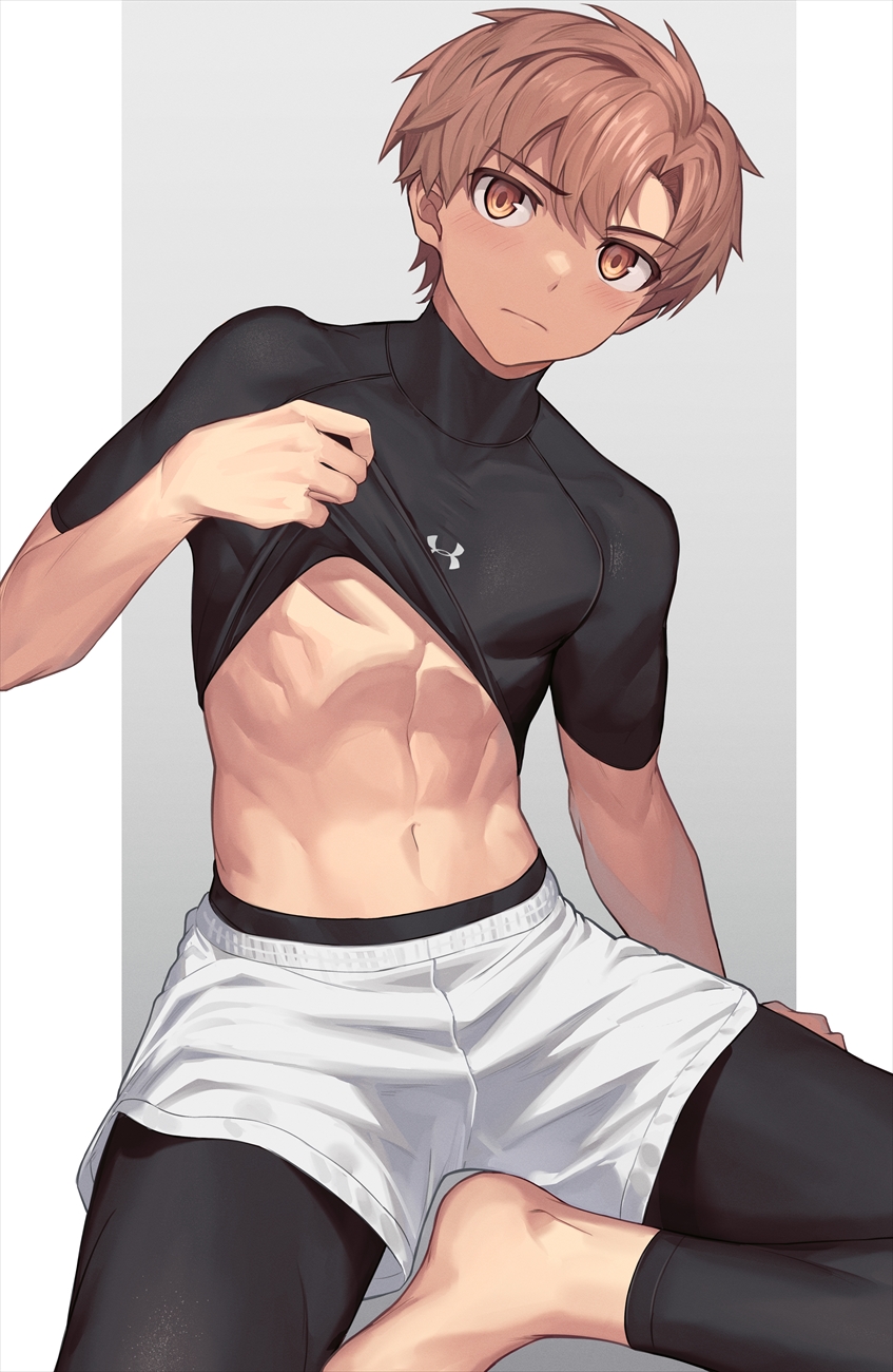1boy arm_support bangs barefoot black_legwear black_shirt blush brown_eyes brown_hair clothes_lift hand_up head_tilt highres leggings legwear_under_shorts lifted_by_self light_frown looking_at_viewer male_focus navel original outside_border r-744 shirt shirt_lift short_hair short_shorts short_sleeves shorts sitting solo spread_legs turtleneck under_armour white_shorts