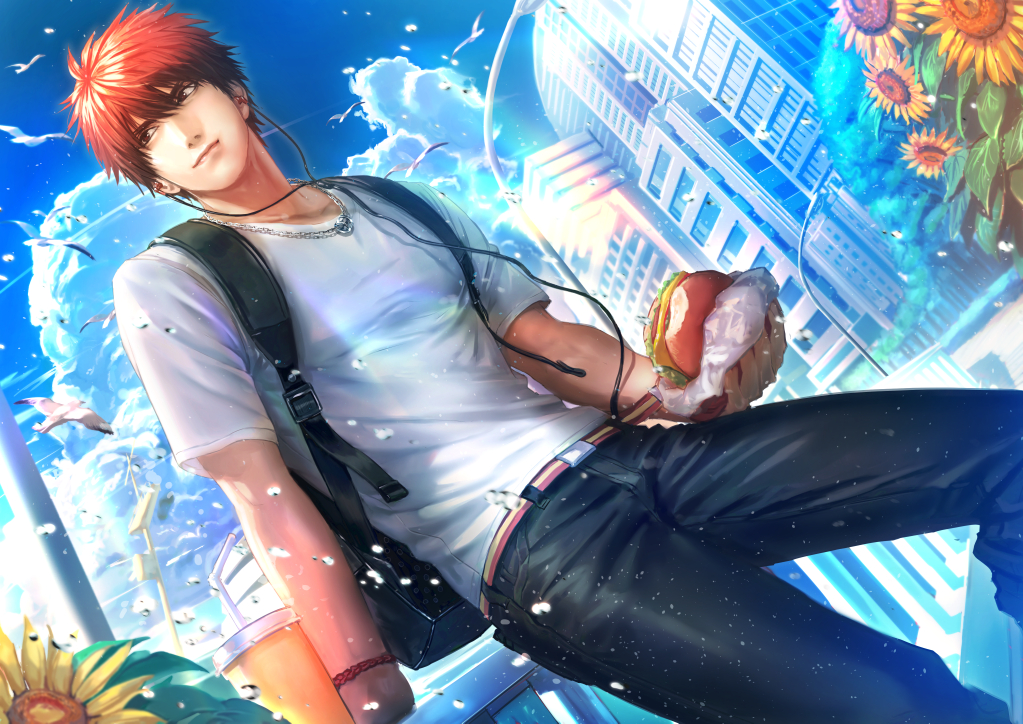 1boy backpack bag belt bird black_pants burger city clouds commentary_request cup day disposable_cup earphones eating flower food headphones holding holding_food jewelry kagami_taiga kuroko_no_basuke light_rays looking_away male_focus necklace outdoors pants railing redhead ring_necklace shirt short_hair smile solo suiact sunflower toned toned_male white_shirt