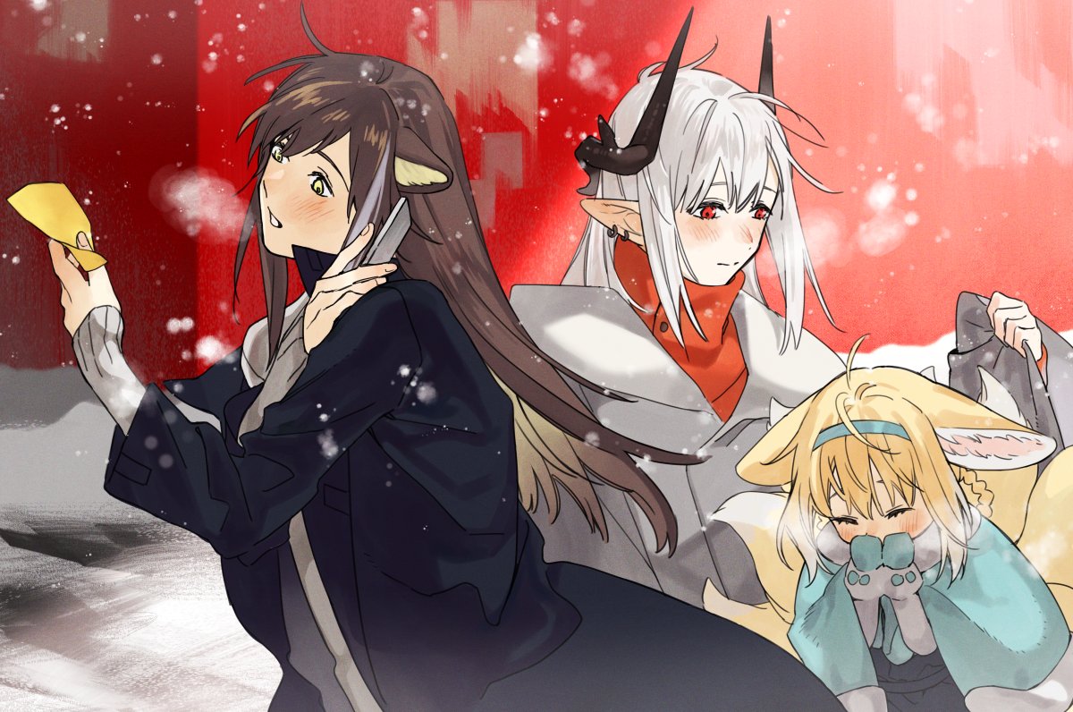 3girls alternate_costume animal_ears arknights bangs blonde_hair blue_hairband blush breath brown_hair cat_ears cat_girl cellphone cloak closed_eyes closed_mouth coat commentary_request covering_mouth demon_girl demon_horns earrings folinic_(arknights) fox_ears fox_girl fox_tail hairband holding holding_paper holding_phone horns jewelry korean_commentary long_hair long_sleeves mudrock_(arknights) multicolored_hair multiple_girls multiple_tails off_shoulder paper phone pointy_ears red_eyes silver_hair since2019 smartphone snow suzuran_(arknights) tail turtleneck two-tone_hair yellow_eyes