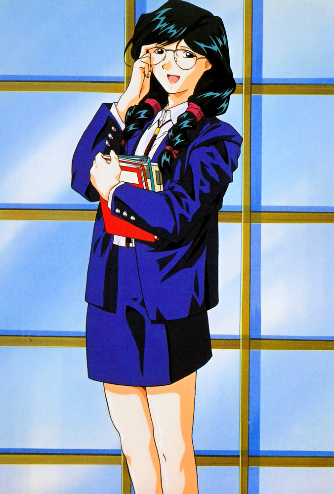 1990s_(style) 1girl adjusting_eyewear black_eyes black_hair blue_skirt book braid feet_out_of_frame hair_over_shoulder holding holding_book jacket kinomiya_yukari long_hair looking_at_viewer office_lady official_art open_clothes open_jacket open_mouth retro_artstyle rimless_eyewear scan skirt solo standing super_real_mahjong tanaka_ryou twin_braids twintails window