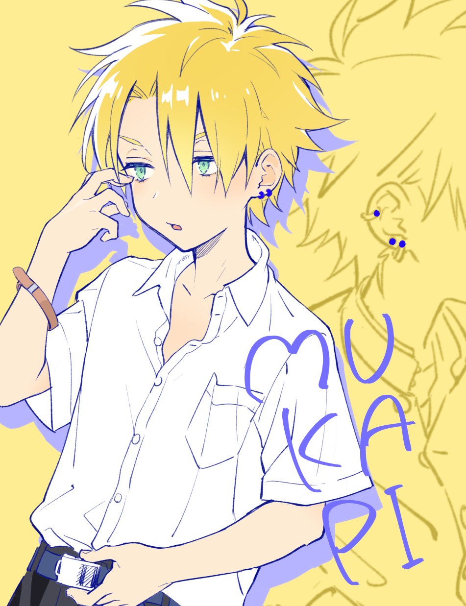 1boy bangs belt blonde_hair ear_piercing green_eyes highres male_focus multiple_views original parted_lips piercing pillow_(nutsfool) pocket shirt short_sleeves simple_background spiky_hair upper_body white_shirt yellow_background