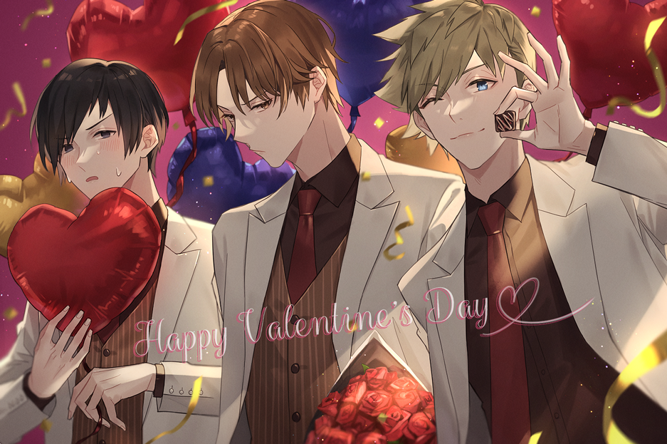 3boys balloon berry_o_t black_eyes black_hair black_shirt blue_eyes blush bouquet brown_eyes brown_hair brown_vest chocolate collared_shirt dress_shirt english_text food hand_up heart_balloon holding holding_food inukai_sumiharu jacket long_sleeves male_focus multiple_boys necktie ninomiya_masataka one_eye_closed open_mouth pink_background red_neckwear shirt short_hair sweat tsuji_shinnosuke valentine vest white_jacket world_trigger