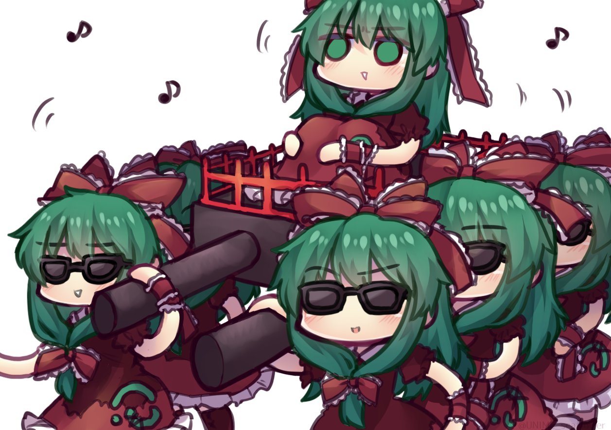 6+girls arm_ribbon bangs blush boots brown_footwear commentary_request cross-laced_footwear dancing dancing_pallbearers dress eyebrows_visible_through_hair frilled_dress frilled_ribbon frills green_eyes green_hair hair_ribbon kagiyama_hina long_hair meme multiple_girls musical_note parody red_dress red_ribbon ribbon simple_background sitting solid_circle_eyes sunglasses touhou triangle_mouth unime_seaflower white_background