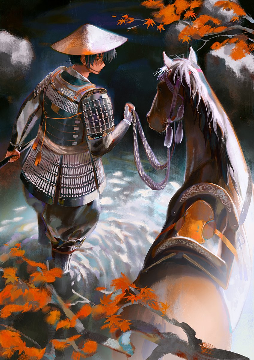 1boy armor black_hair black_pants branch closed_mouth commentary_request hat highres holding holding_sword holding_weapon horse japanese_armor looking_at_viewer looking_back male_focus mcmeao original outdoors pants profile rice_hat river saddle samurai short_hair solo sword wading weapon