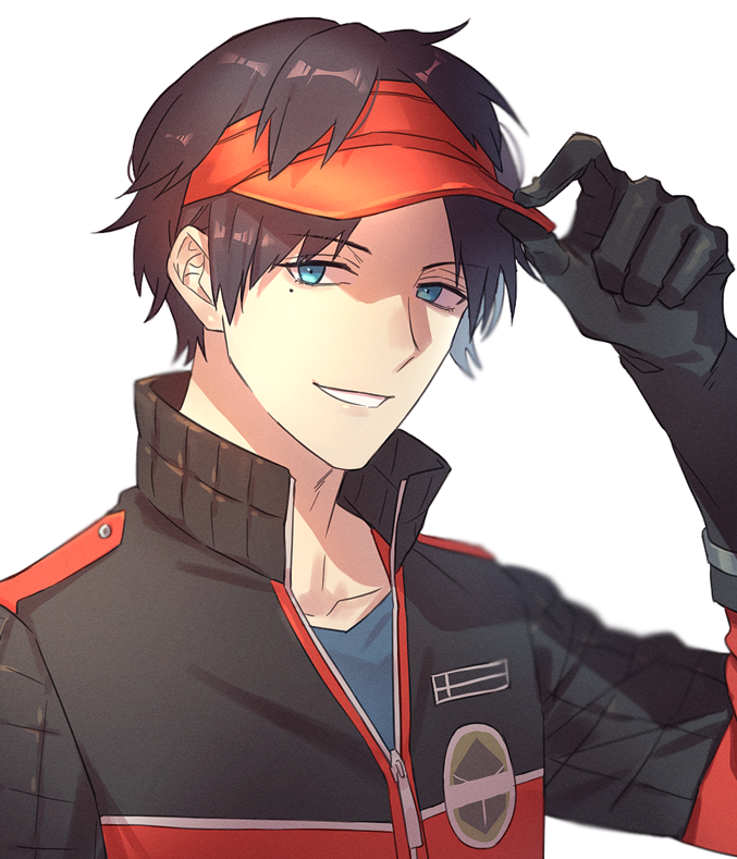 1boy berry_o_t black_gloves black_hair black_jacket gloves hand_up jacket male_focus mole mole_under_eye multicolored multicolored_clothes multicolored_jacket oki_kouji parted_lips red_headwear red_jacket short_hair simple_background smile solo two-tone_jacket upper_body visor_cap white_background world_trigger