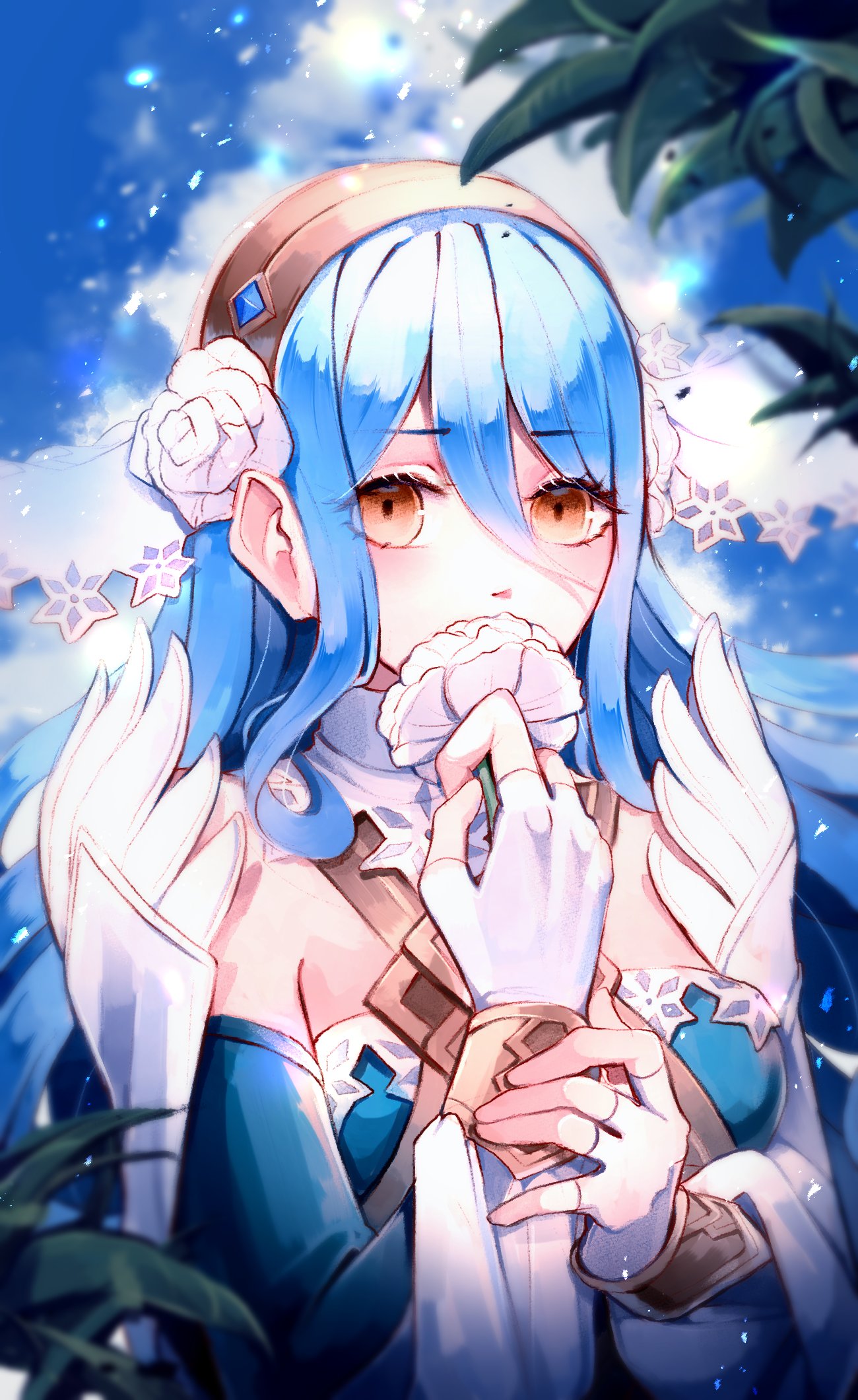 1girl alternate_costume azura_(fire_emblem) bangs blue_hair blush covering_mouth creyton dress fingerless_gloves fire_emblem fire_emblem_fates fire_emblem_heroes flower gloves hair_between_eyes hair_flower hair_ornament hairband hand_over_own_mouth highres jewelry long_hair looking_at_viewer official_alternate_costume petals solo very_long_hair white_flower yellow_eyes
