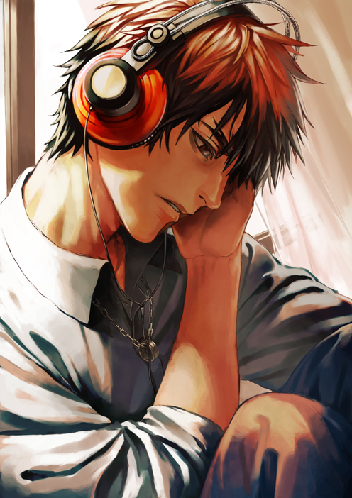 1boy collared_shirt commentary_request curtains headphones indoors jewelry kagami_taiga knee_up kuroko_no_basuke looking_down male_focus necklace parted_lips red_eyes redhead ring_necklace shirt short_hair suiact teeth upper_body window