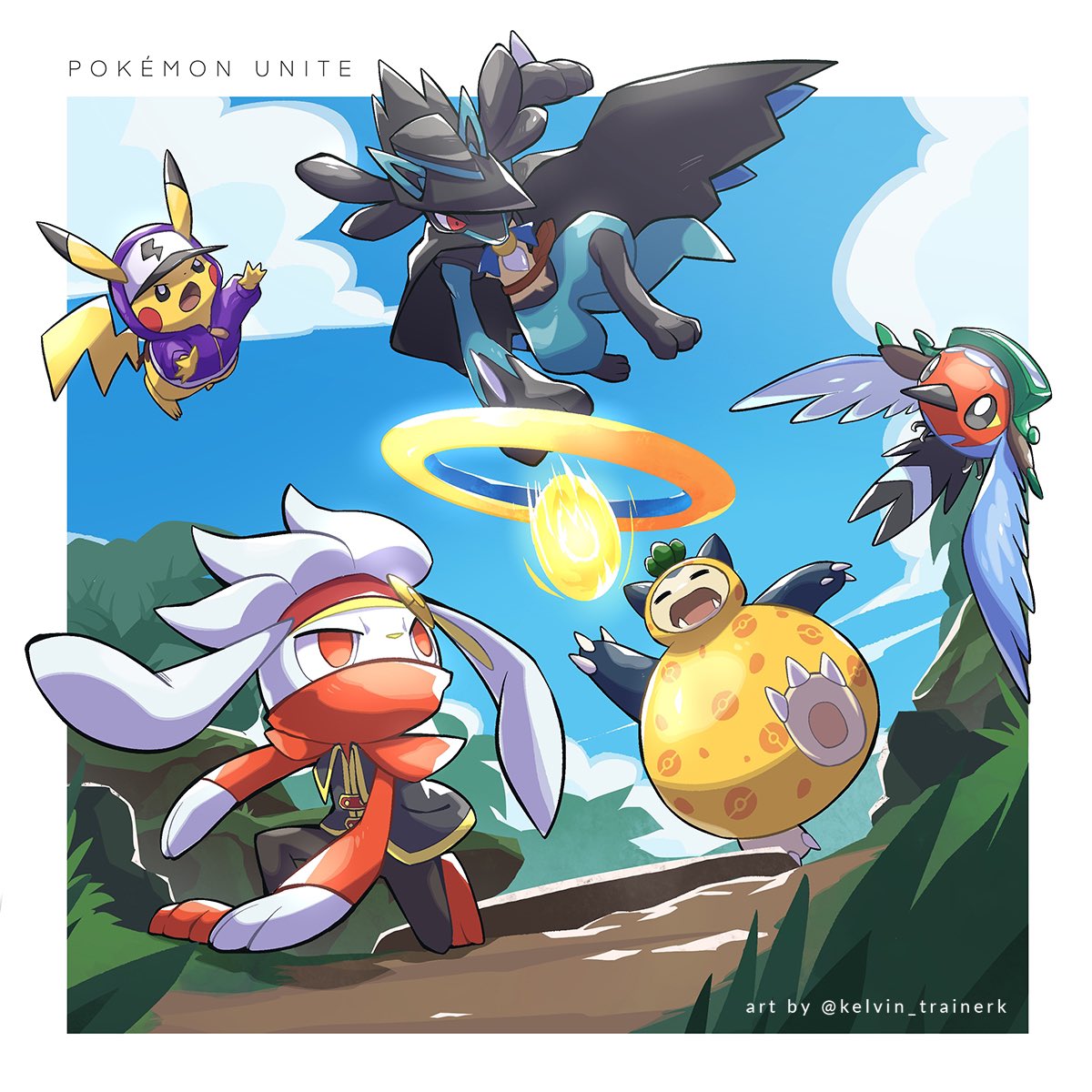 baseball_cap bird claws clouds commentary copyright_name day english_commentary fangs fletchling from_below goggles hat hatted_pokemon highres hood hood_up hooded_jacket jacket kelvin-trainerk lucario no_humans open_mouth orange_eyes outdoors pikachu pokemon pokemon_(creature) pokemon_(game) pokemon_unite purple_jacket raboot sky snorlax tongue twitter_username zipper_pull_tab
