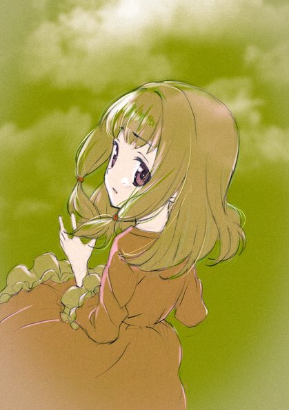1girl bangs blunt_bangs child cloud_background clouds dutch_angle eyebrows_visible_through_hair feet_out_of_frame frilled_nightgown frills from_above from_behind furrowed_brow green_background hair_tie hands_up light_blush long_sleeves looking_afar looking_back magia_record:_mahou_shoujo_madoka_magica_gaiden mahou_shoujo_madoka_magica medium_hair nightgown parted_lips sepia simple_background sleepwear solo tamaki_ui taniguchi_jun'ichirou worried