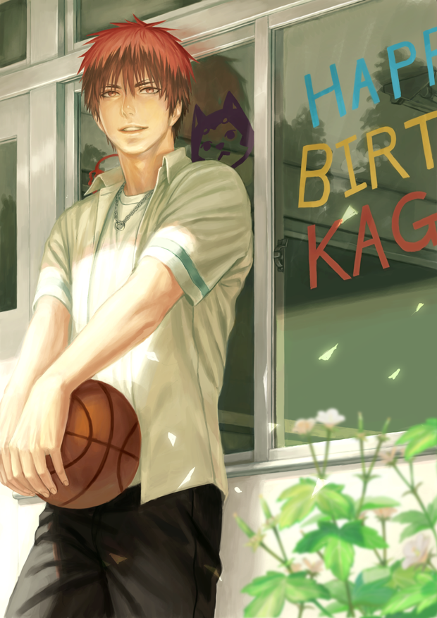 1boy ball basketball black_pants commentary_request eyebrows happy_birthday holding holding_ball jewelry kagami_taiga kuroko_no_basuke looking_at_viewer male_focus necklace outdoors pants plant red_eyes redhead ring_necklace school_uniform shirt short_hair short_sleeves smile solo suiact sunlight teeth white_shirt window