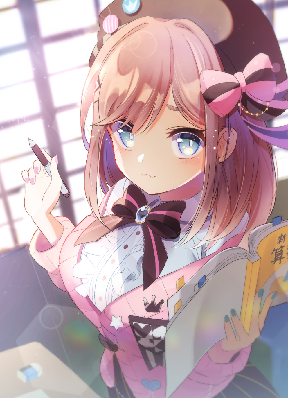 1girl :3 badge black_bow black_headwear blue_eyes blurry blurry_background book bow brooch brown_hair button_badge eraser hat hat_ornament highres holding holding_pencil indoors jewelry lambdog_(sheep) lens_flare long_hair looking_at_viewer medium_hair nijisanji open_book pencil pink_bow standing suzuhara_lulu virtual_youtuber