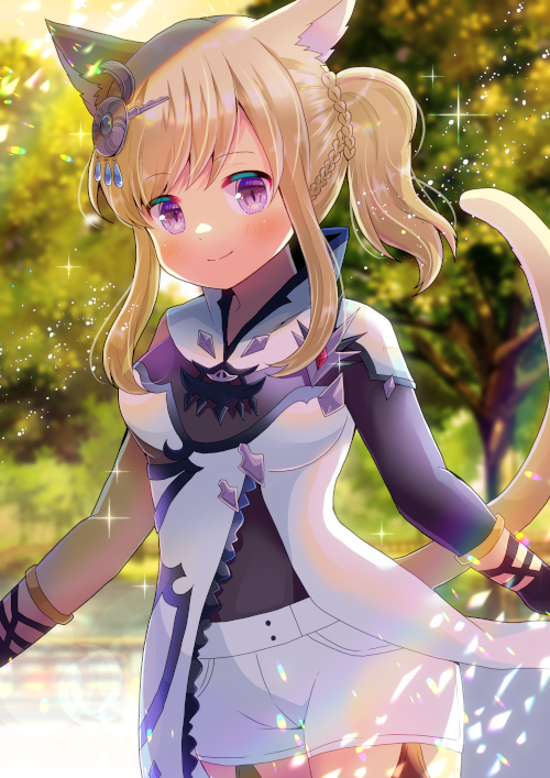 1girl animal_ears bangs black_shirt blonde_hair blurry blurry_background braid cat_ears cat_girl cat_tail closed_mouth day depth_of_field dress eyebrows_visible_through_hair final_fantasy final_fantasy_xiv garter_straps kou_hiyoyo long_sleeves looking_at_viewer miqo'te outdoors ponytail shirt short_shorts shorts sidelocks single_sleeve smile solo tail tree violet_eyes white_dress white_shorts