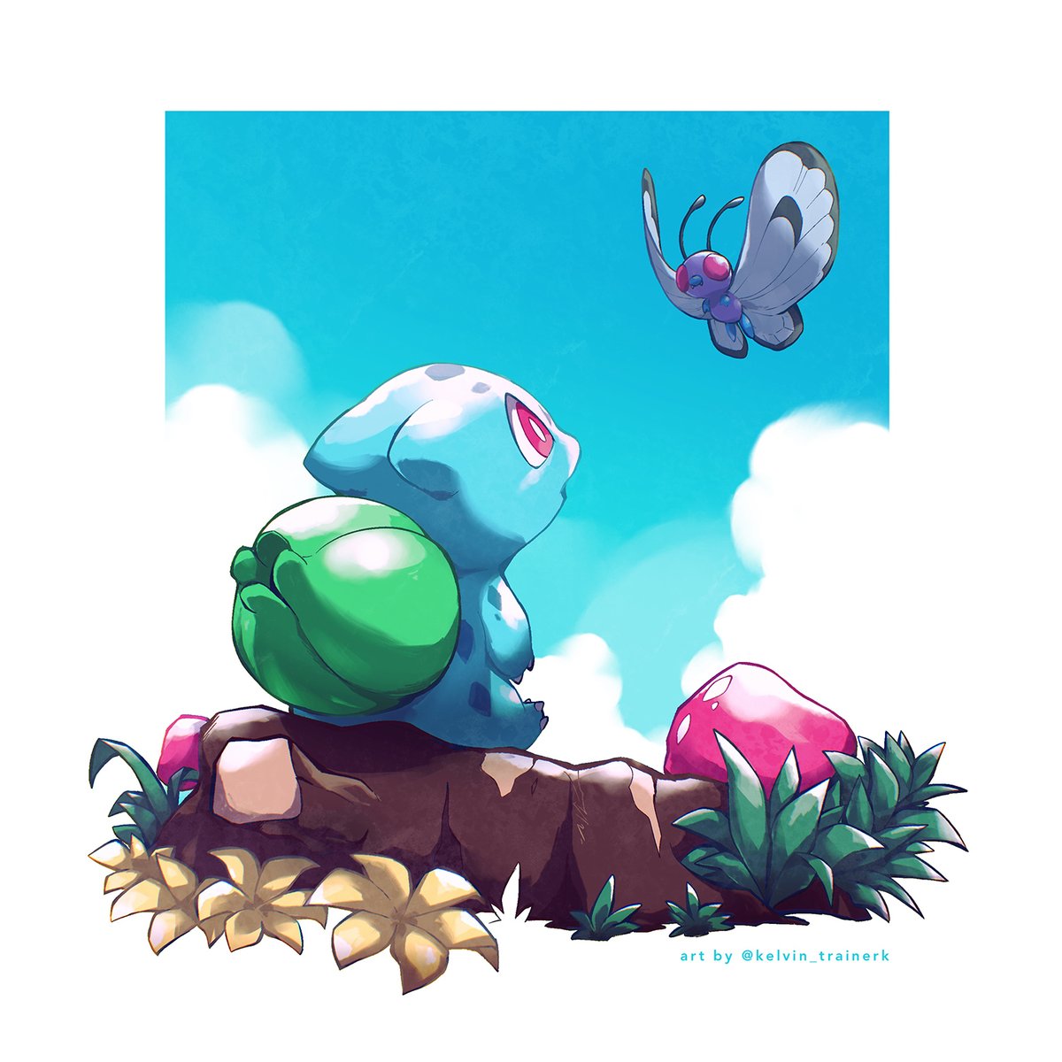 border bright_pupils bulbasaur butterfree claws clouds day from_below highres kelvin-trainerk no_humans outdoors pokemon pokemon_(creature) red_eyes sitting sky twitter_username white_border white_pupils