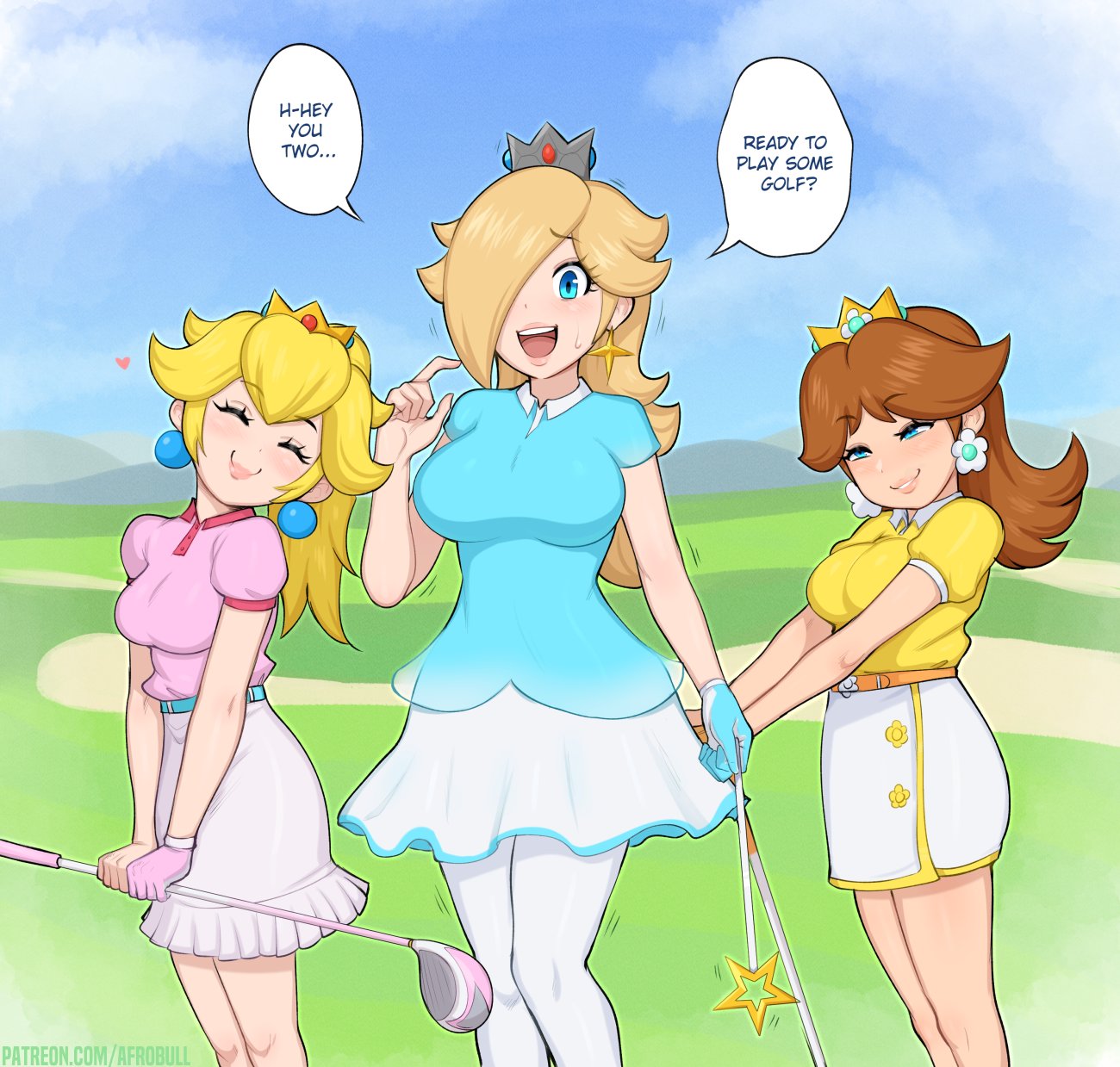 afrobull blonde_hair blue_eyes breasts crown dress earrings hair_over_one_eye highres jewelry lips long_hair looking_at_viewer multiple_girls open_mouth princess_daisy princess_peach rosalina smile star_(symbol) star_earrings super_mario_bros.