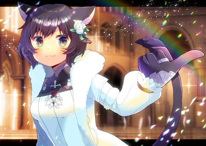 1girl animal_ears black_gloves black_hair blush breasts brown_eyes cat_ears cat_girl cat_tail closed_mouth coat dress facial_mark final_fantasy final_fantasy_xiv flower gloves hair_flower hair_ornament hand_up index_finger_raised kou_hiyoyo lens_flare letterboxed long_sleeves looking_at_viewer medium_breasts miqo'te open_clothes open_coat puffy_long_sleeves puffy_sleeves sleeves_past_wrists smile solo tail tail_raised upper_body whisker_markings white_coat white_dress white_flower