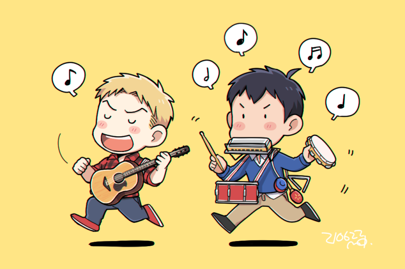 ._. 2boys bertolt_hoover black_hair blonde_hair blue_pants blue_shirt blush brown_pants chibi closed_mouth drum drumsticks flute guitar holding holding_drumsticks holding_instrument instrument male_focus maracas midooka_(o_k_k) multiple_boys music musical_note open_mouth pants playing_instrument red_shirt reiner_braun shingeki_no_kyojin shirt shoes short_hair solid_circle_eyes tambourine triangle_(instrument) yellow_background