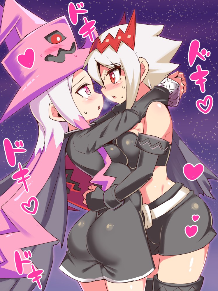 2girls ass belt blush breasts cougar_(cougar1404) dragon:_marked_for_death dress empress_(dmfd) hair_ornament hat midriff multiple_girls open_mouth red_eyes scar scar_on_cheek scar_on_face short_hair strapless thigh-highs tube_top white_hair witch_(dmfd) yuri