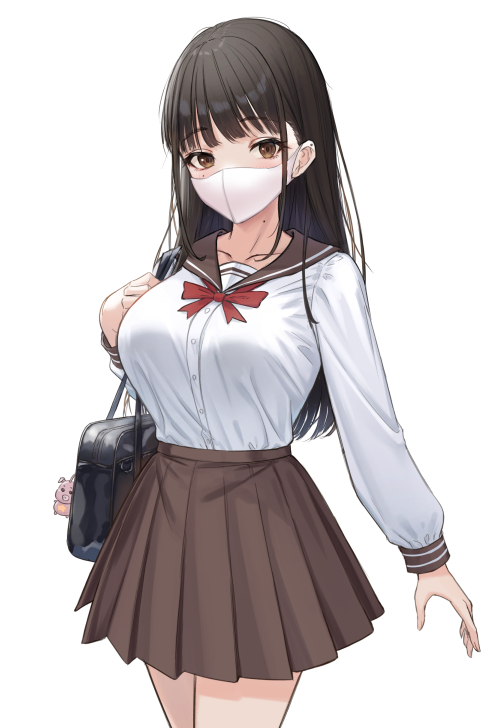 1girl bag bag_charm bangs black_hair bow breasts brown_eyes brown_sailor_collar brown_skirt charm_(object) collarbone commentary_request cowboy_shot eyebrows_visible_through_hair gohei_(aoi_yuugure) long_hair long_sleeves looking_at_viewer mask medium_breasts mole mole_on_neck mole_under_eye mouth_mask original pleated_skirt red_bow sailor_collar school_bag school_uniform serafuku shirt simple_background skirt solo standing very_long_hair white_background white_shirt