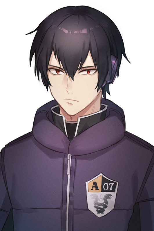 1boy bangs berry_o_t black_hair black_jacket black_shirt closed_mouth hair_between_eyes headphones jacket looking_at_viewer male_focus miwa_shuuji red_eyes shirt short_hair simple_background solo upper_body white_background world_trigger