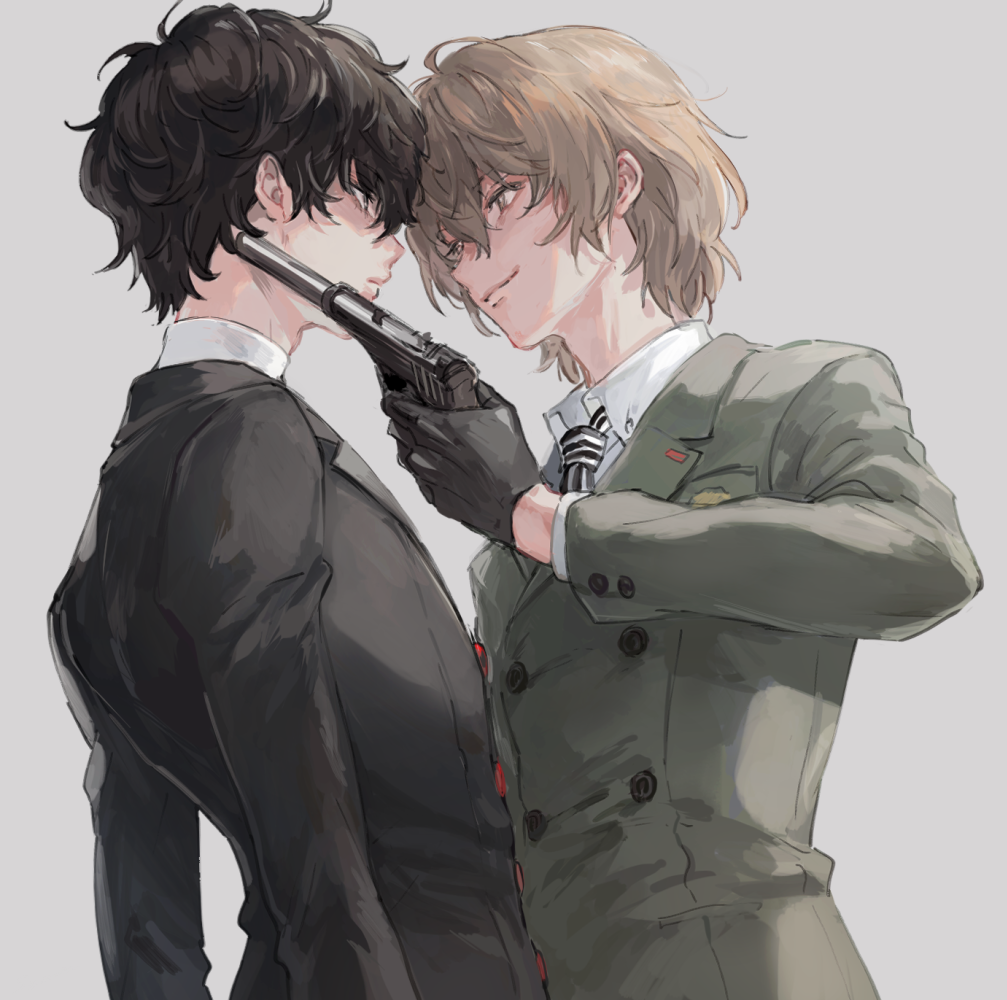 2boys akechi_gorou amamiya_ren bangs black_gloves black_hair black_jacket brown_eyes brown_hair closed_mouth gloves green_jacket grey_background gun gun_to_head hair_between_eyes holding holding_gun holding_weapon jacket long_sleeves male_focus multiple_boys necktie persona persona_5 sawa2 school_uniform shuujin_academy_uniform simple_background striped striped_neckwear upper_body weapon