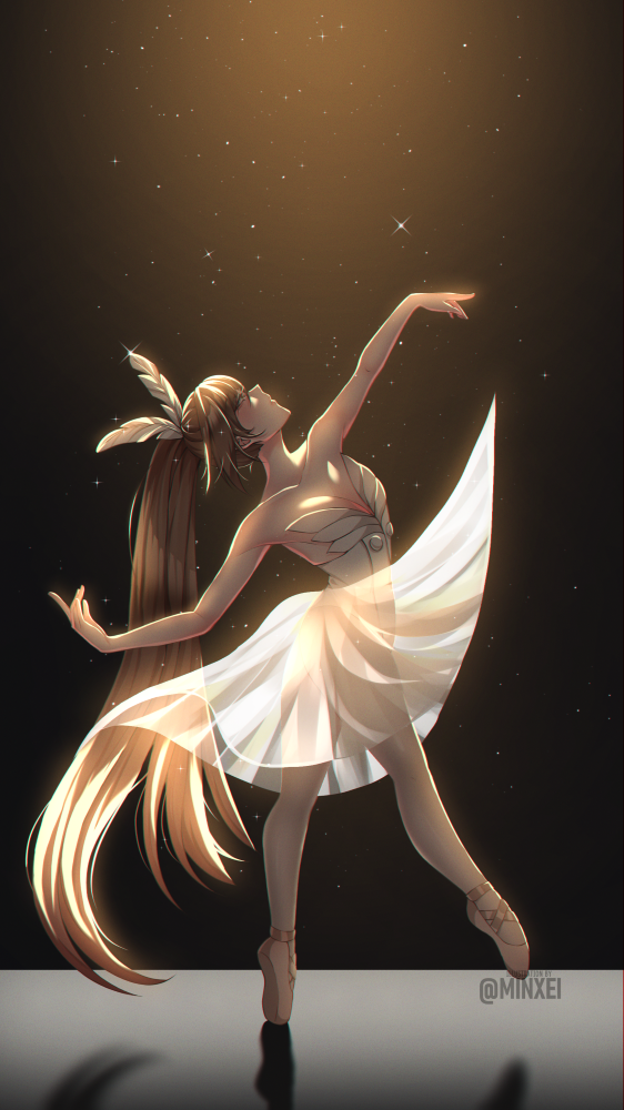 artist_name ballet ballet_slippers brown_hair dancing feather_hair_ornament feathers full_body hair_ornament hololive hololive_english long_hair looking_up minxei nanashi_mumei ponytail sparkle very_long_hair virtual_youtuber watermark