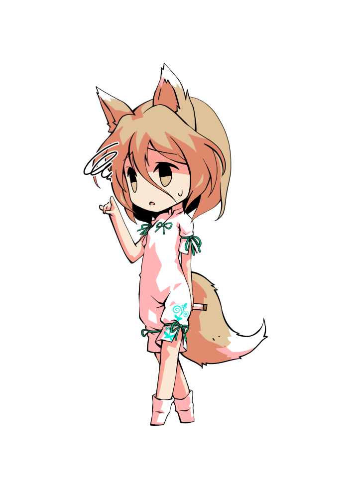 1girl animal_ears bangs black_eyes blonde_hair bow breasts brown_eyes chibi confused dairi eyebrows_visible_through_hair fox_ears fox_tail full_body green_bow hair_between_eyes hand_up jumpsuit kudamaki_tsukasa looking_to_the_side open_mouth short_hair short_sleeves simple_background small_breasts socks solo standing tachi-e tail test_tube touhou white_background white_jumpsuit white_legwear white_sleeves