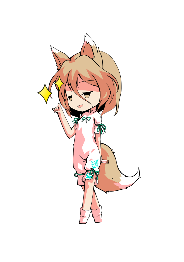 1girl animal_ears bangs black_eyes blonde_hair bow breasts brown_eyes chibi dairi eyebrows_visible_through_hair fox_ears fox_tail full_body green_bow hair_between_eyes hand_up jumpsuit kudamaki_tsukasa looking_to_the_side open_mouth short_hair short_sleeves simple_background small_breasts smile smug socks solo standing star_(symbol) tachi-e tail test_tube touhou white_background white_jumpsuit white_legwear white_sleeves