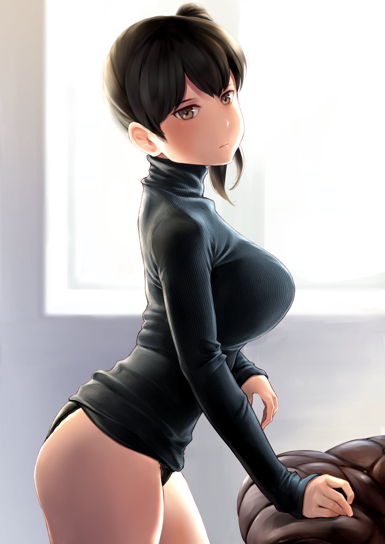 1girl alternate_costume ass bangs black_sweater blush breasts brown_eyes brown_hair closed_mouth commentary_request couch cowboy_shot highres indoors kaga_(kancolle) kantai_collection large_breasts long_sleeves looking_at_viewer no_pants panties reward_available shiny side_ponytail solo sunlight sweater thighs turtleneck underwear wa_(genryusui) window