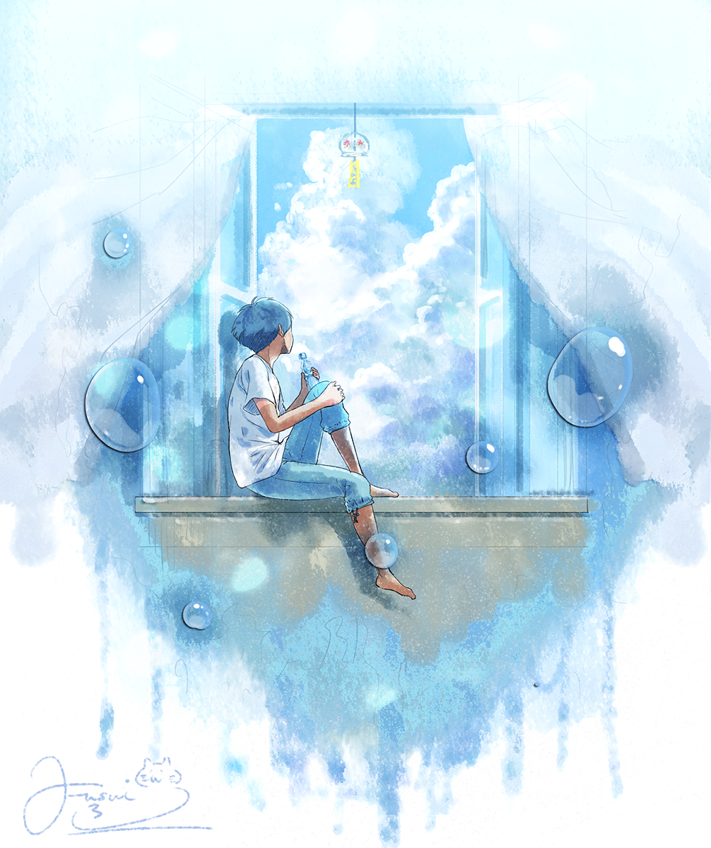 1boy bubble clouds day denim facing_to_the_side fusui highres jeans looking_back male_focus original pants ramune scenery shirt signature sky solo t-shirt white_shirt wind_chime window
