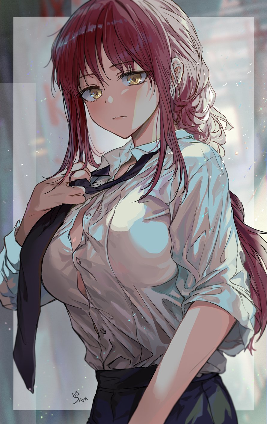 1girl adjusting_neckwear bangs black_necktie braid braided_ponytail breasts chainsaw_man closed_mouth collared_shirt dress_shirt eyebrows_visible_through_hair hand_up highres large_breasts long_hair long_sleeves looking_at_viewer makima_(chainsaw_man) necktie partially_unbuttoned redhead saya_(mychristian2) shirt sidelocks signature solo upper_body white_shirt yellow_eyes