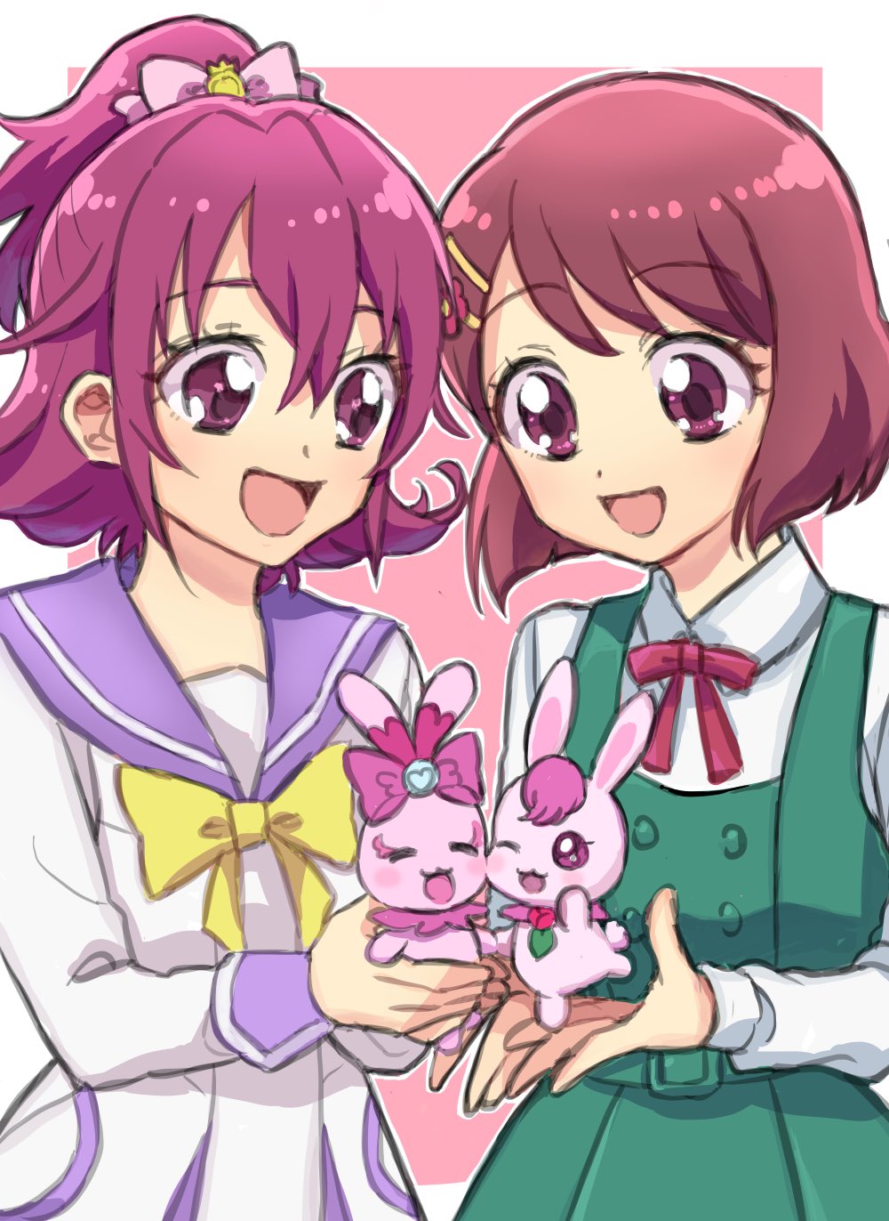 2girls :d aida_mana border bow bowtie brown_hair color_connection commentary_request dokidoki!_precure dress eyebrows_visible_through_hair flipped_hair flower green_dress hair_between_eyes hair_flower hair_ornament hairclip half_updo hanadera_nodoka happy healin'_good_precure highres looking_at_animal looking_at_another medium_hair mofuko multiple_girls neck_ribbon oogai_daiichi_middle_school_uniform open_mouth outline outside_border pinafore_dress pink_background pink_bow pink_eyes pink_hair pink_ribbon pink_theme pleated_dress precure purple_sailor_collar rabbit rabirin_(precure) ribbon sailor_collar school_uniform sharuru_(dokidoki!_precure) shirt simple_background smile sukoyaka_middle_school_uniform trait_connection upper_body white_border white_outline white_shirt yellow_bow yellow_bowtie
