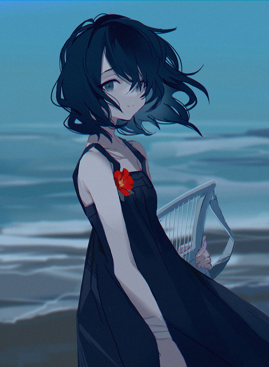 1girl anita_(arknights) arknights armpit_crease awa_iro bangs bare_shoulders black_dress black_hair closed_mouth dress flower grey_eyes harp highres holding holding_instrument instrument noise short_hair solo sundress