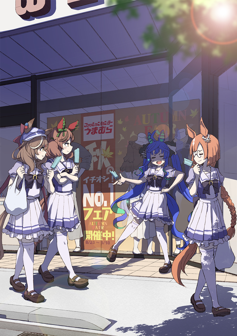 4girls animal_ears bag blue_eyes blue_hair braid braided_ponytail brown_footwear brown_hair clenched_hands commentary_request crossed_arms food frilled_skirt frills glasses hat highres holding holding_bag holding_food horse_ears horse_tail ikuno_dictus_(umamusume) lens_flare long_hair mannequin mary_janes matikane_tannhauser_(umamusume) multiple_girls open_mouth outdoors plastic_bag pleated_skirt popsicle puffy_short_sleeves puffy_sleeves purple_shirt round_eyewear sailor_collar satomura_kyou school_uniform shadow sharp_teeth shirt shoes shop short_sleeves short_twintails sidewalk skirt smile tail teeth thigh-highs tracen_school_uniform translation_request twin_turbo_(umamusume) twintails umamusume walking white_legwear window