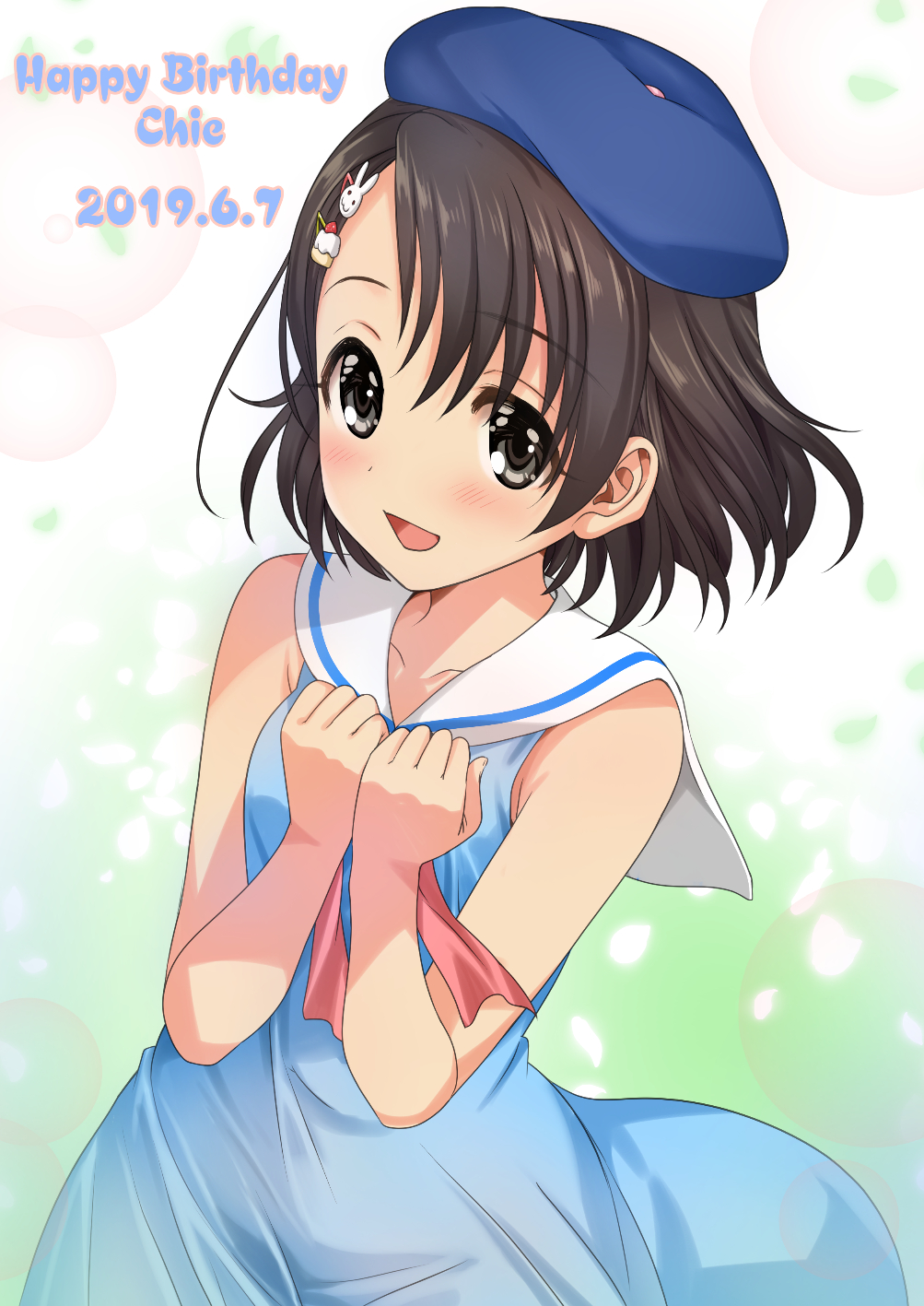 1girl :d beret black_hair blue_dress blush brown_eyes bunny_hair_ornament cake_hair_ornament character_name collarbone commentary_request dated dress eyebrows_visible_through_hair food-themed_hair_ornament hair_ornament hairclip hands_on_own_chest happy_birthday hat highres idolmaster idolmaster_cinderella_girls looking_at_viewer mitarashi_kousei neckerchief open_mouth own_hands_together redrawn sailor_collar sasaki_chie short_hair signature simple_background sleeveless sleeveless_dress smile solo upper_body