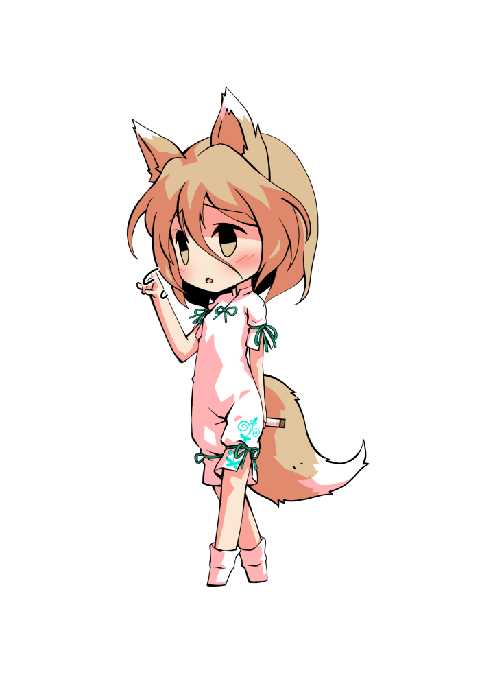 1girl animal_ears bangs black_eyes blonde_hair blush bow breasts brown_eyes chibi dairi eyebrows_visible_through_hair fox_ears fox_tail full_body green_bow hair_between_eyes hand_up jumpsuit kudamaki_tsukasa looking_to_the_side open_mouth short_hair short_sleeves simple_background small_breasts socks solo standing tachi-e tail test_tube touhou white_background white_jumpsuit white_legwear white_sleeves