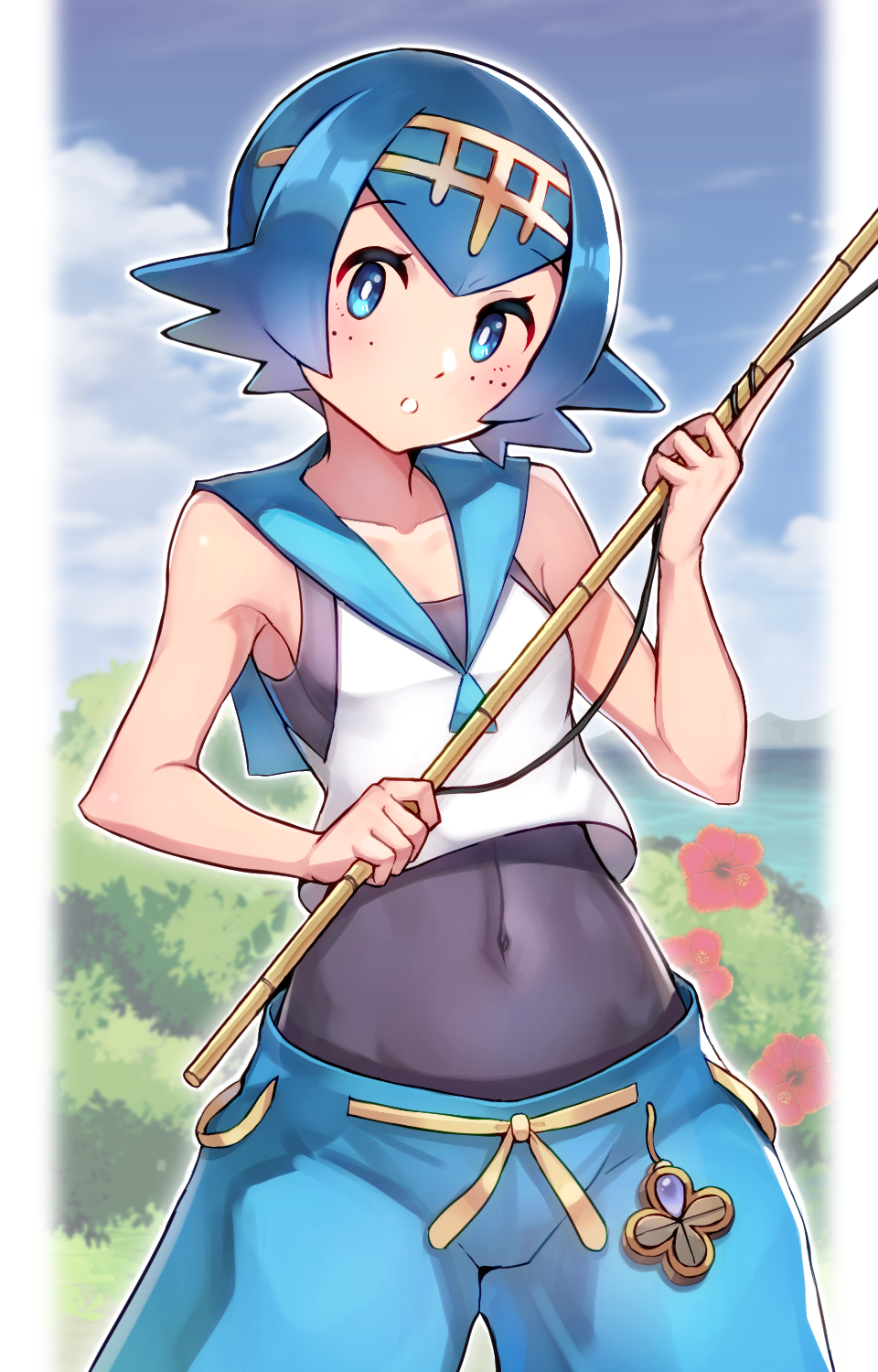 1girl bangs bare_arms blue_eyes blue_hair blue_pants blue_sailor_collar blush bright_pupils clouds collarbone commentary covered_navel day eyebrows_visible_through_hair eyelashes fishing_rod freckles hairband highres holding holding_fishing_rod lana_(pokemon) looking_at_viewer no_sclera outdoors pants parted_lips pokemon pokemon_(game) pokemon_sm sailor_collar shirt short_hair sky sleeveless sleeveless_shirt solo white_pupils white_shirt yasu_suupatenin yellow_hairband