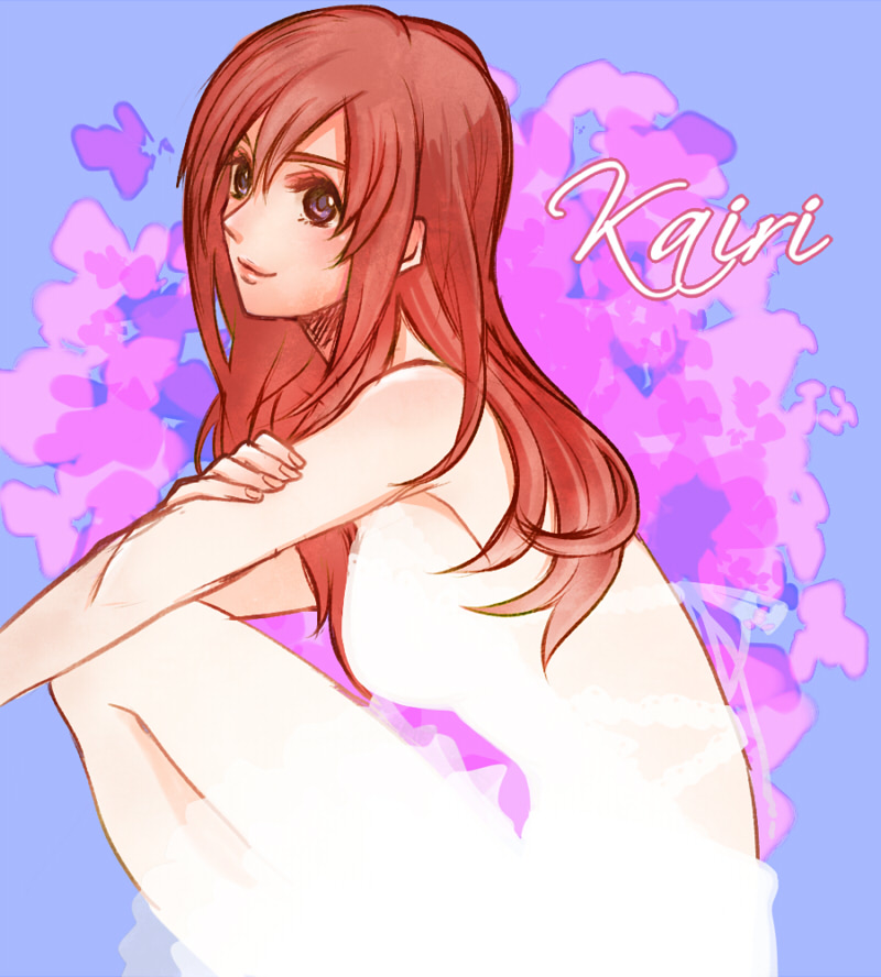 1girl bare_shoulders blue_eyes breasts character_name closed_mouth freeworldend kairi_(kingdom_hearts) kingdom_hearts kingdom_hearts_ii long_hair looking_at_viewer redhead smile solo