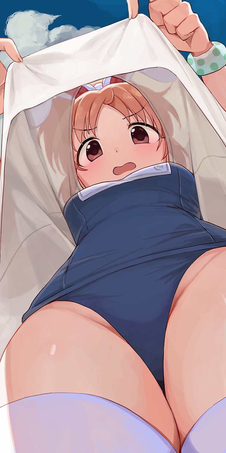 1girl abe_nana animal_ears bangs blue_sky blue_swimsuit breasts brown_eyes clothes_lift clouds commentary dot_nose eyebrows_visible_through_hair from_below groin highres hiroki_(yyqw7151) idolmaster idolmaster_cinderella_girls lifted_by_self looking_at_viewer looking_down one-piece_swimsuit open_mouth orange_hair parted_bangs polka_dot rabbit_ears school_swimsuit see-through shirt_lift sky solo swimsuit thigh-highs thighs upshirt v-shaped_eyebrows