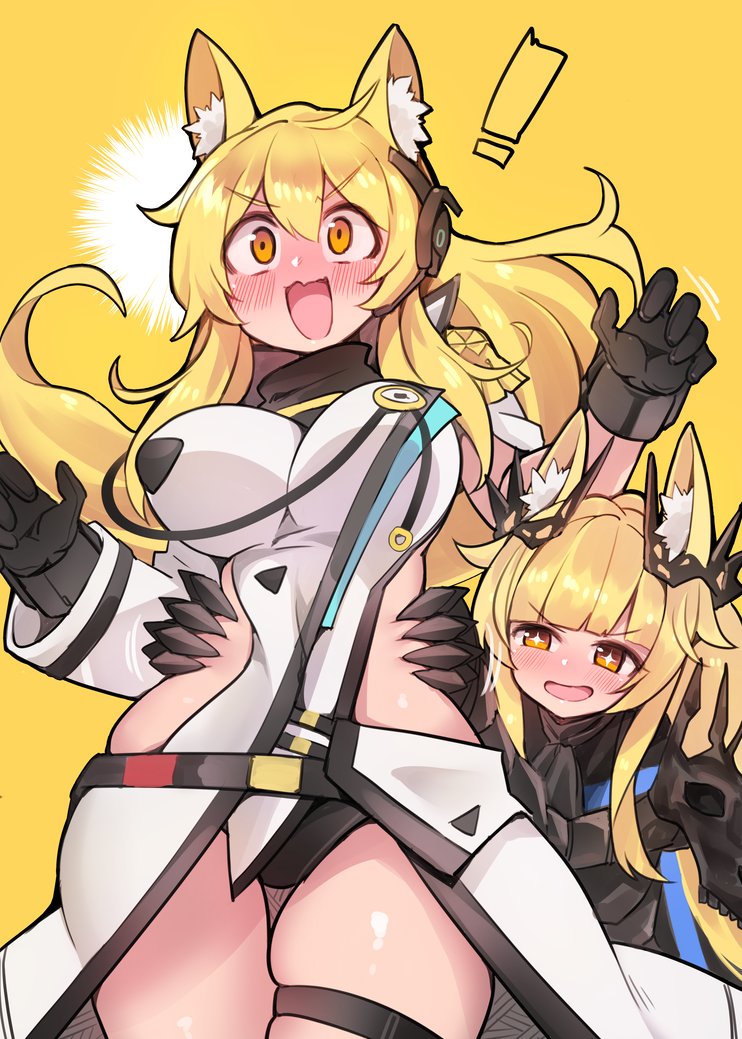 ! +_+ 2girls :d animal_ear_fluff animal_ears arknights armor bangs blemishine_(arknights) blemishine_(moon_catastrborn)_(arknights) blonde_hair blunt_bangs blush breasts commentary ditienan_ddn eyebrows_visible_through_hair hair_between_eyes large_breasts long_hair multiple_girls nearl_(arknights) nearl_the_radiant_knight_(arknights) official_alternate_costume siblings simple_background sisters smile thigh_strap thighs v-shaped_eyebrows yellow_background yellow_eyes